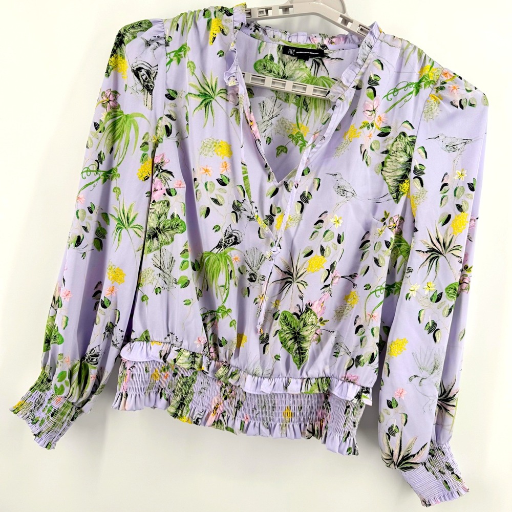 INC International Concepts Floral Blouse Top XL Lilac Long Sleeve Ruffle Smocked